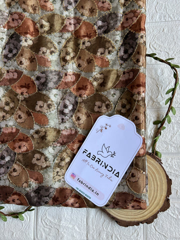 mocha color Fabric with Multicolor Floral Print Sequins Embroidery, Fabrindia
